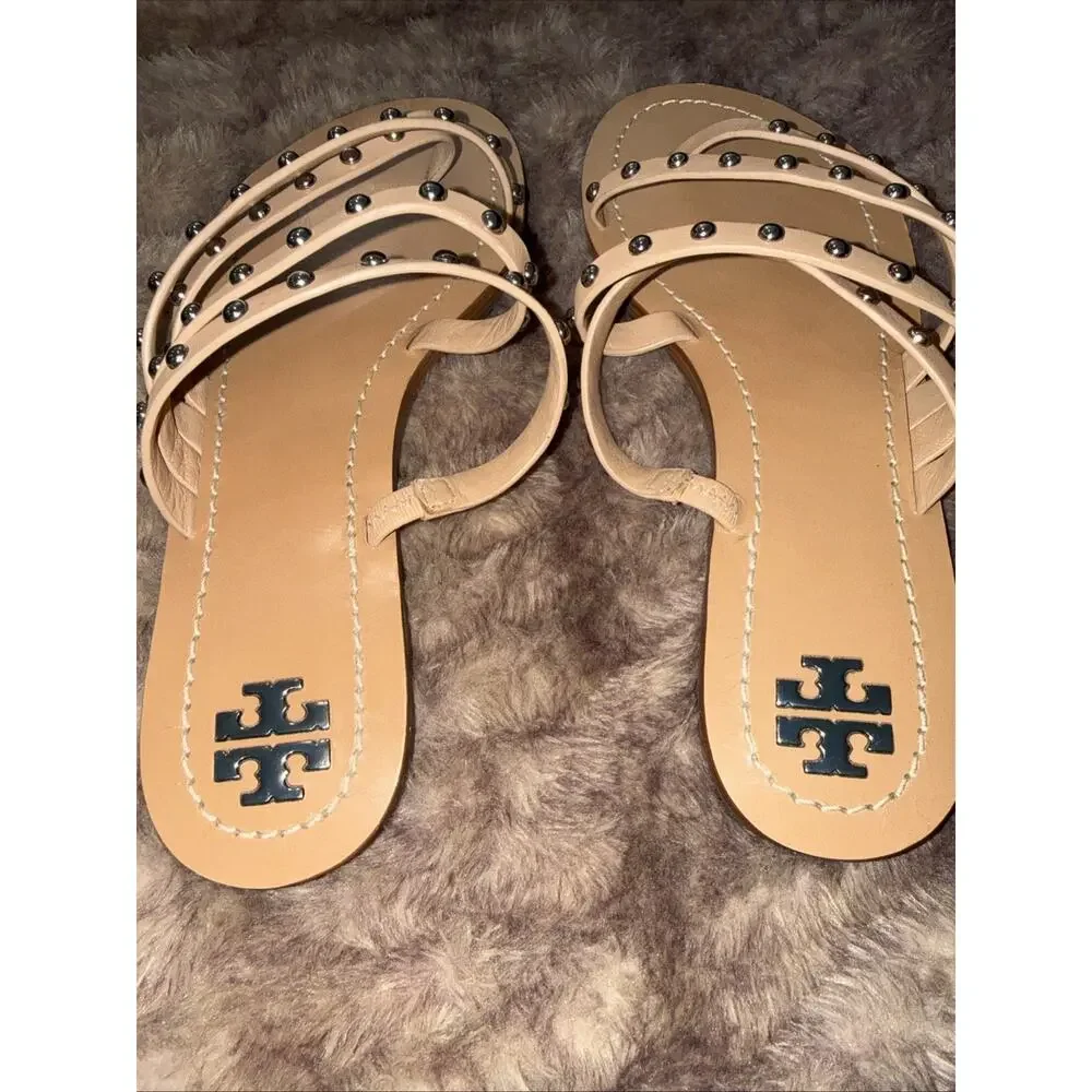 TORY BURCH Patos Studded Sandal SZ 9M Ivory Women LTHR Slide Flat Shoe Beach